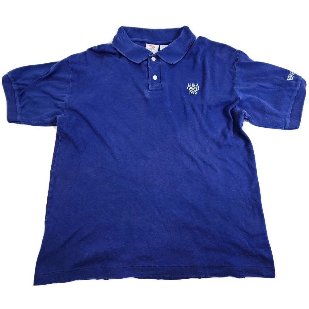 Vintage 1980 Levis Olympic Games Blue Polo Shirt Made in USA Size Large Single S